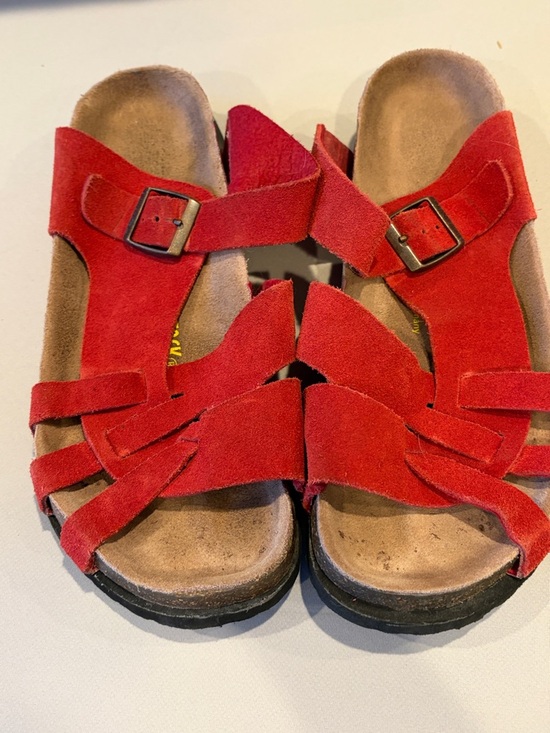 Birkenstock Shoes - Birkenstock Red Suede Two-Strap Slide 41 leather EUC 10 10 1/2